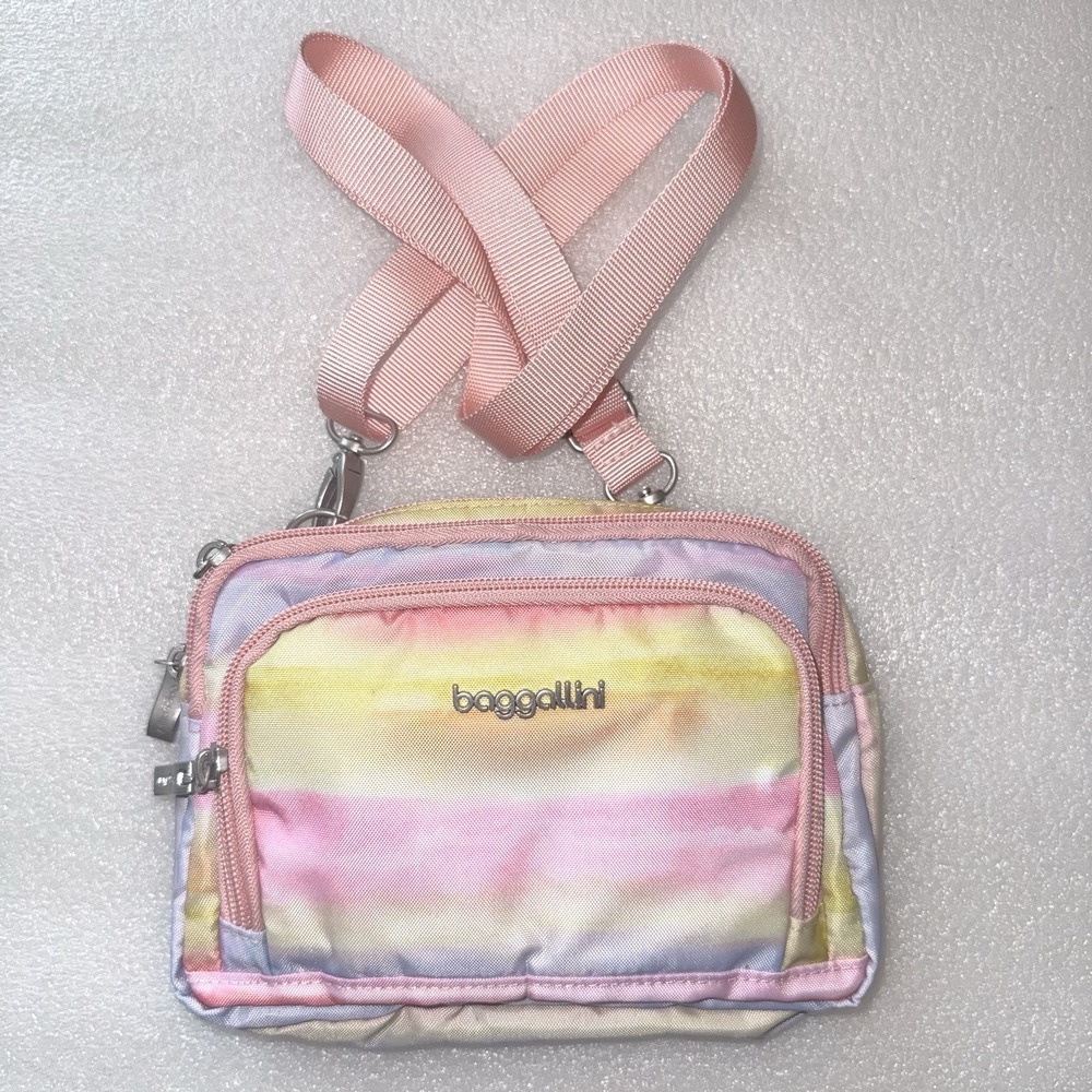 Baggallini Trifecta Crossbody RFID Wallet Sunset Ombre Pink Belt Option Zip